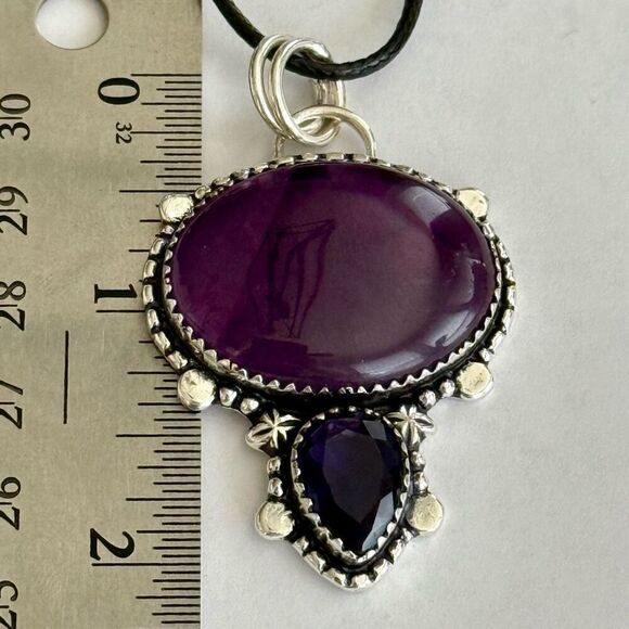 Large Artisan Crafted Amethyst Pendant Necklace Double Stone Sterling Silver New - Picture 9 of 11